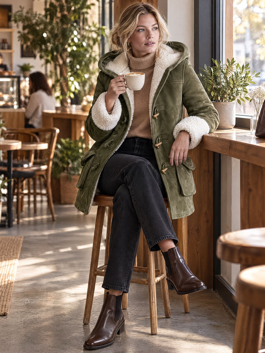 Casual And Warm Fleece-trimmed Faux Suede Duffle Coat