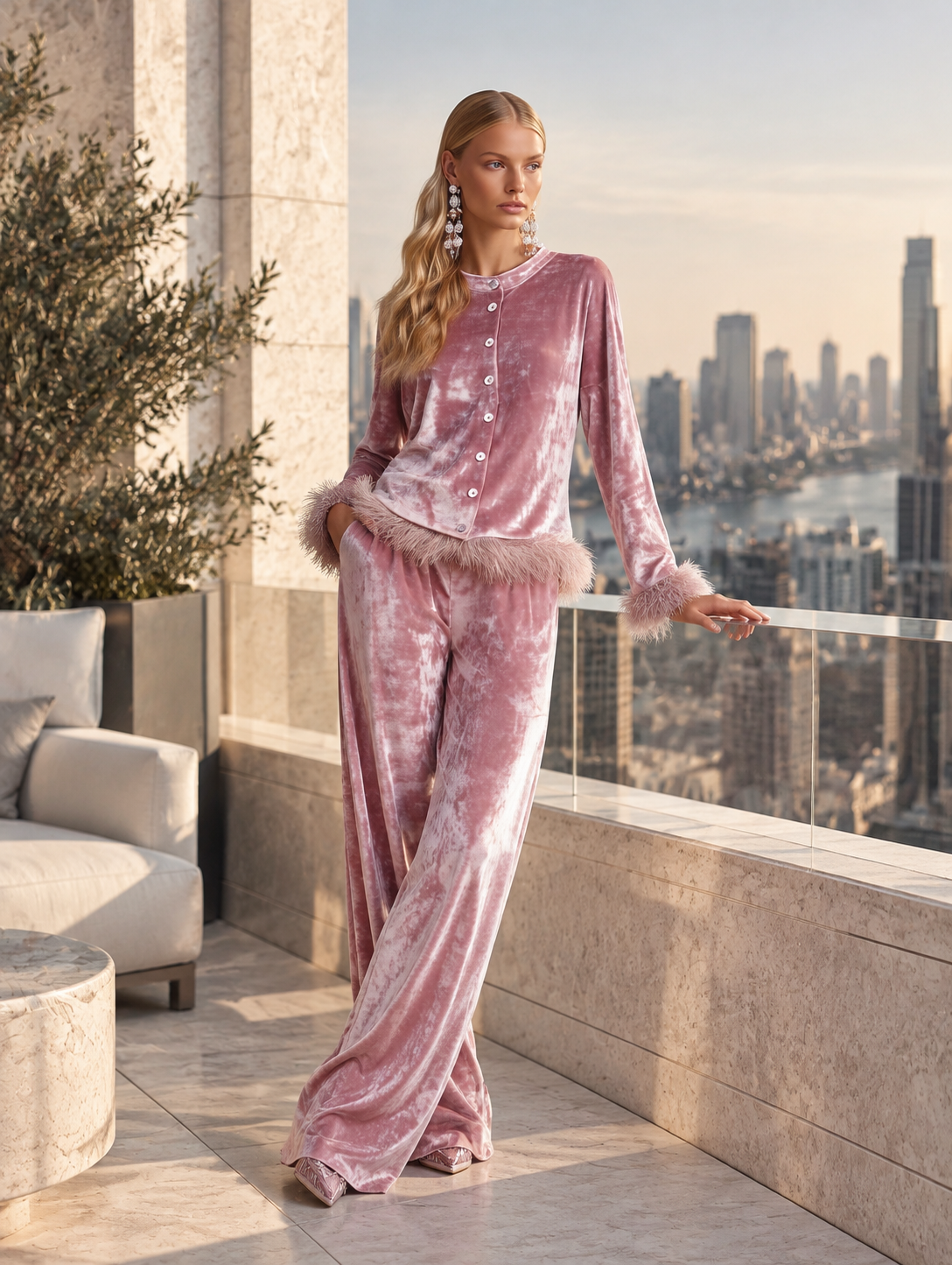 Elegant Faux-fur Trim Dusty Rose Crushed Velvet Top and Wide-Leg Trousers Two-Piece Sets