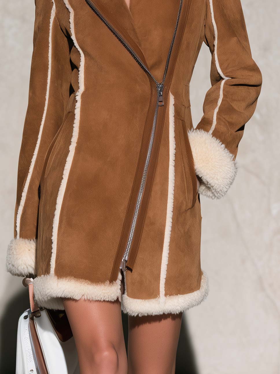Urban Retro Camel Faux Suede Shearling Trim Asymmetric Zip Buckle Collar Fitted Coat