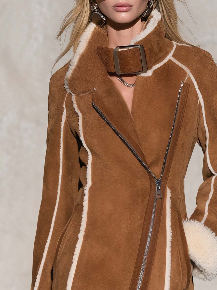 Urban Retro Camel Faux Suede Shearling Trim Asymmetric Zip Buckle Collar Fitted Coat