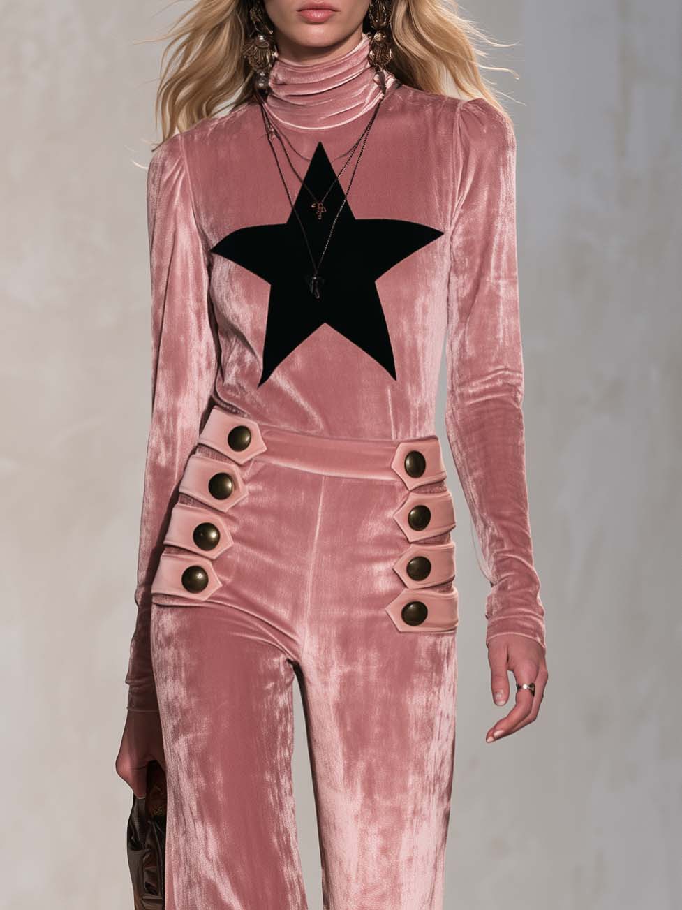 Retro Pink Star Turtleneck Sailor Button Flare Pants Velvet Two-Piece Set