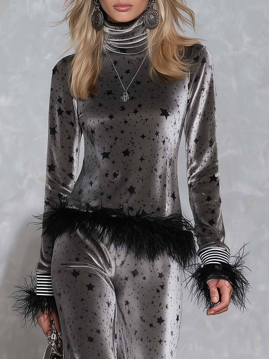 Retro Glam Star Print Grey Velvet Feather Trim Turtleneck Wide-Leg Pants Set