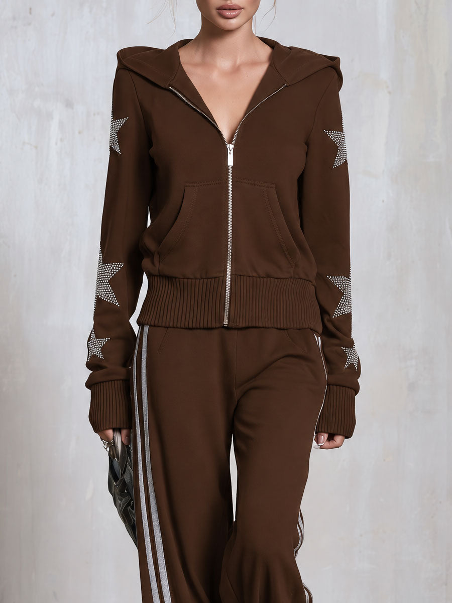 Casual Sporty Retro Silver Rhinestone And Trim Brown Zip-Up Sweatshirt And Pants Set