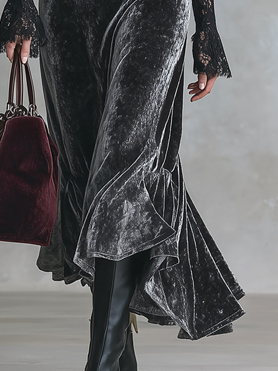 Elegant Party Black Lace And Grey Velvet Patchwork Maxi Dress