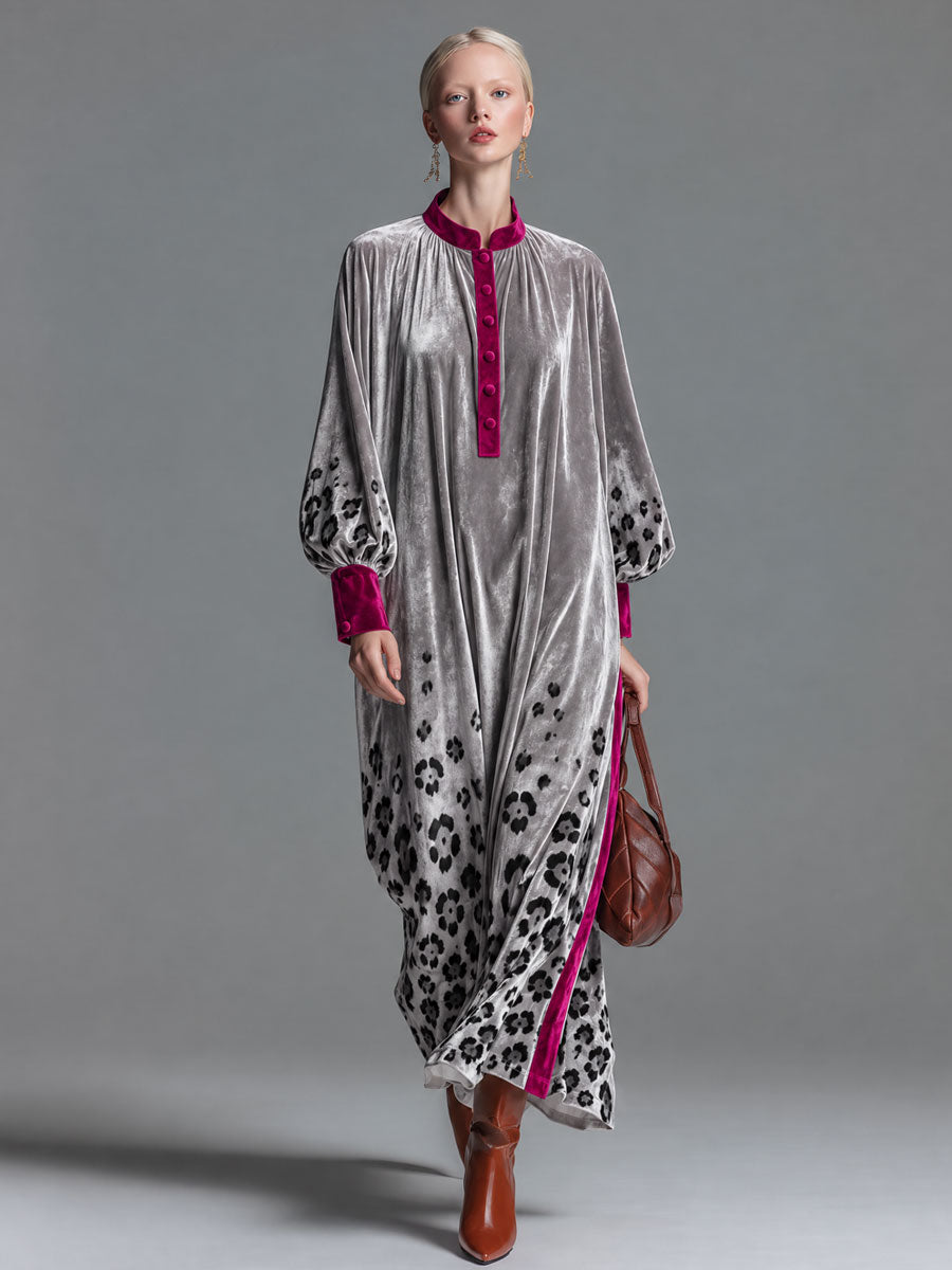 Retro Chic Color-blocked Trim And Leopard Print Silver Henley Collar Velvet Maxi Dress
