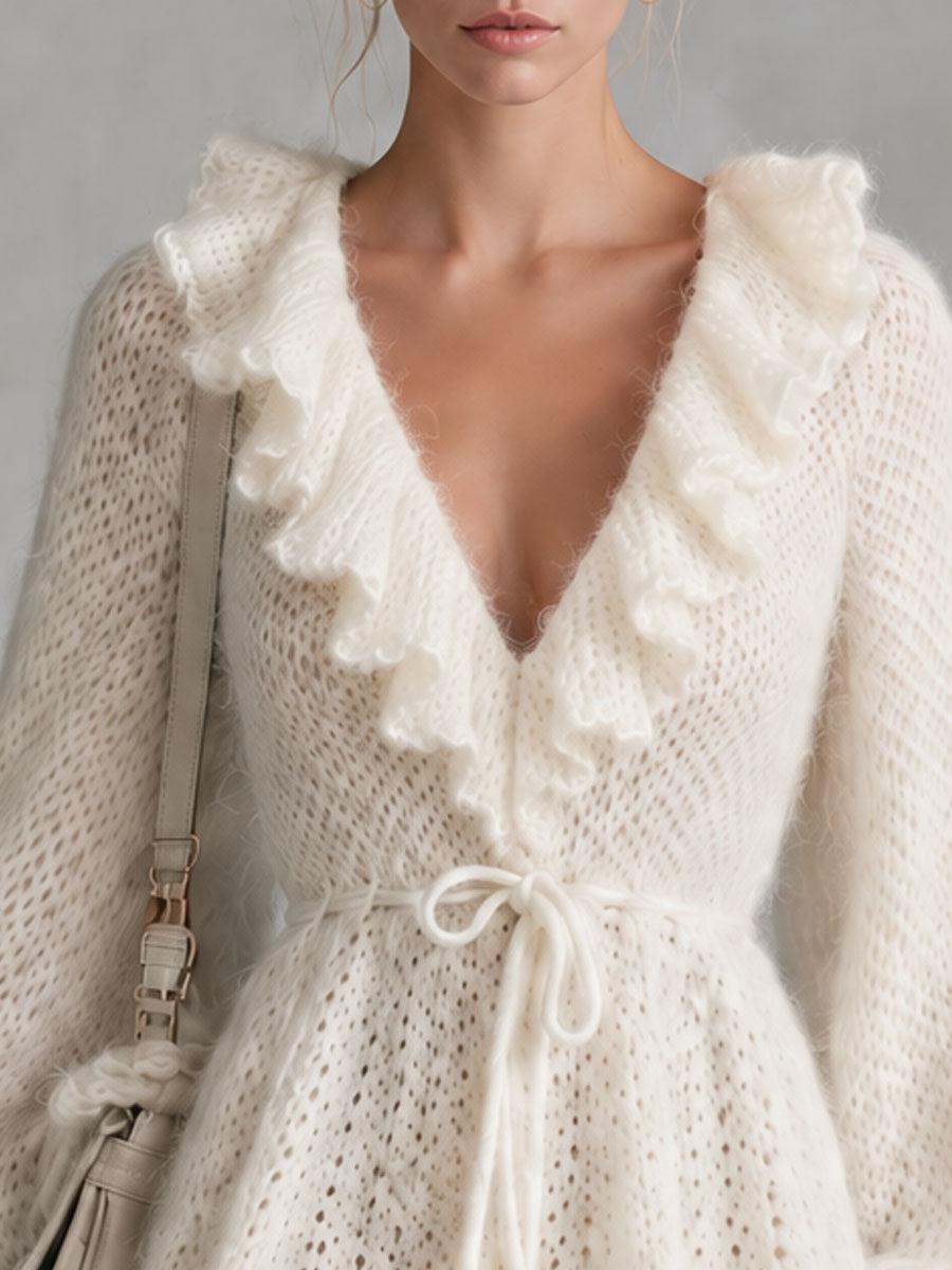 Retro Elegant Waist-tie Off-white Ruffled V-neck Knit Mini Dress