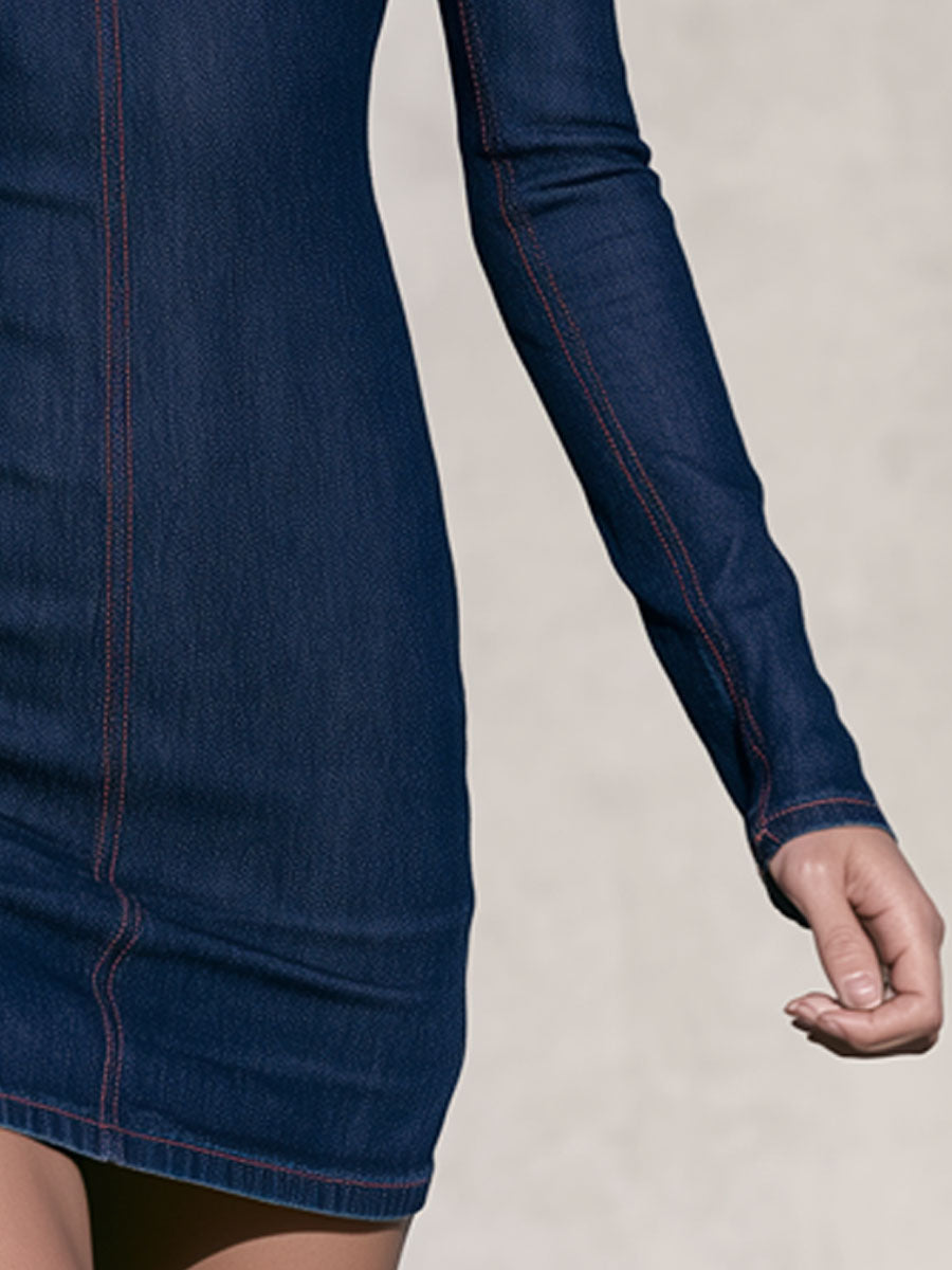 Simple Red And Dark Blue Denim Turtleneck Long-sleeved Mini Dress