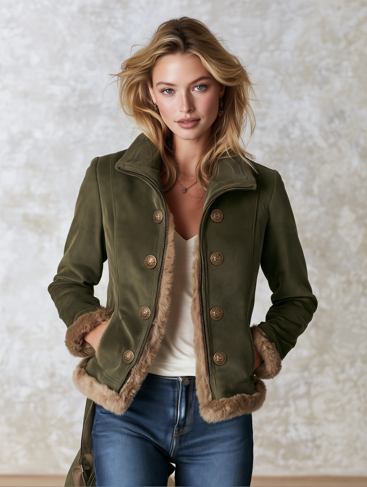 Retro Olive Corduroy Patchwork Faux Fur Coat For Women