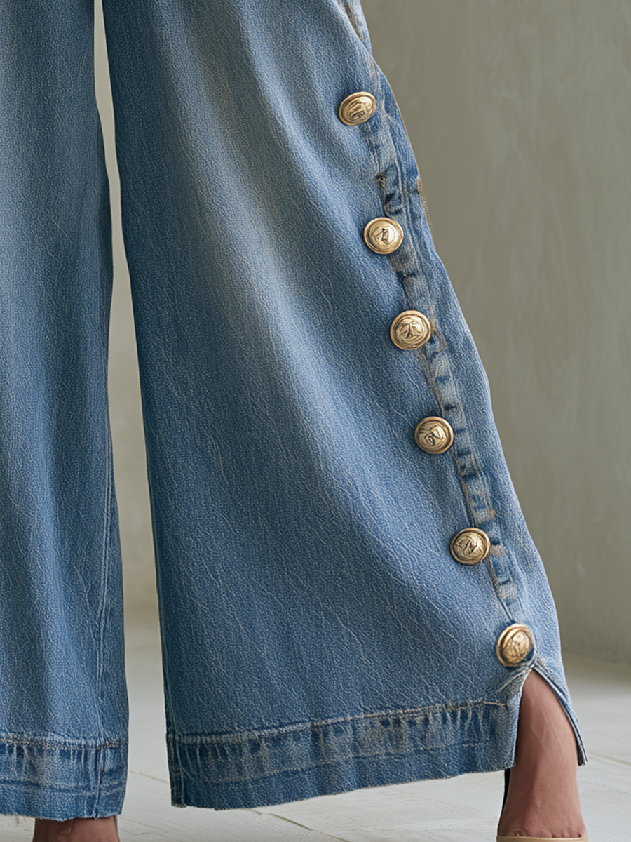 Vintage Chic Drawstring Gold Button Side Slit Wide Leg Jeans