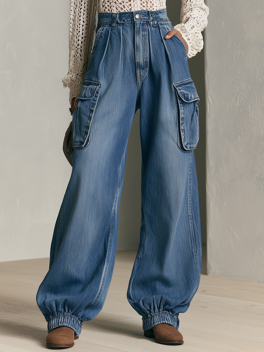 Relaxed Utility High Waist Cargo Pocket Elastic Cuff Balloon Jeans