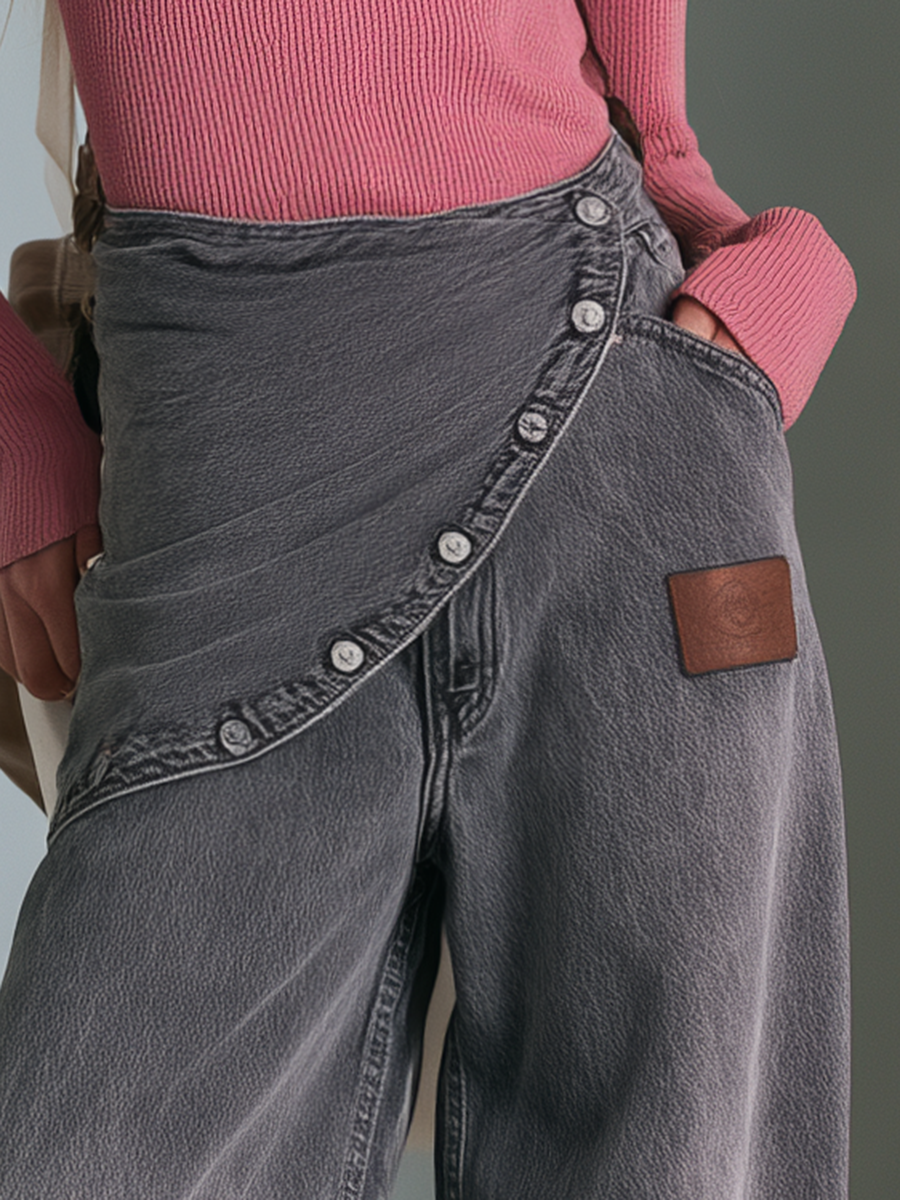 Modern Chic Asymmetric Snap Button Wrap Front Gray Wash Wide Leg Jeans