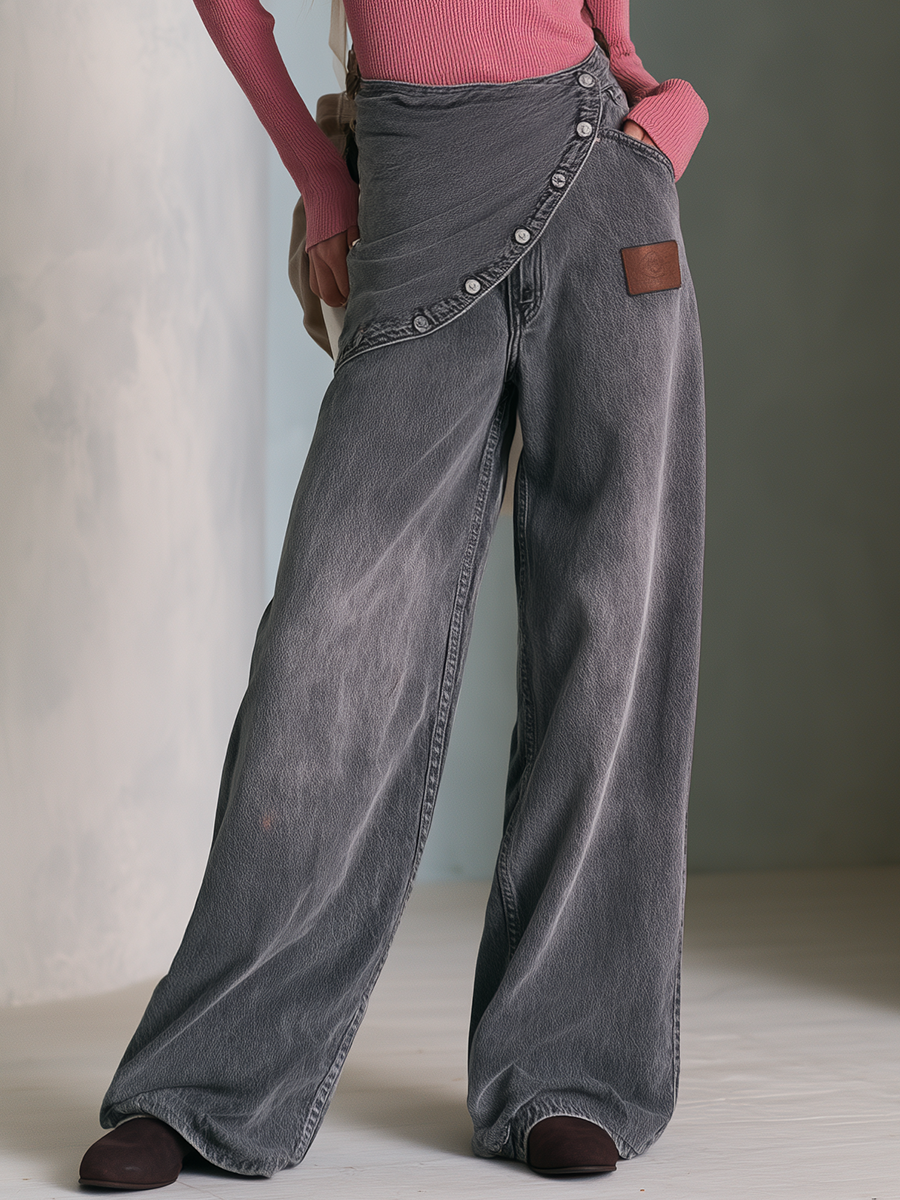Modern Chic Asymmetric Snap Button Wrap Front Gray Wash Wide Leg Jeans