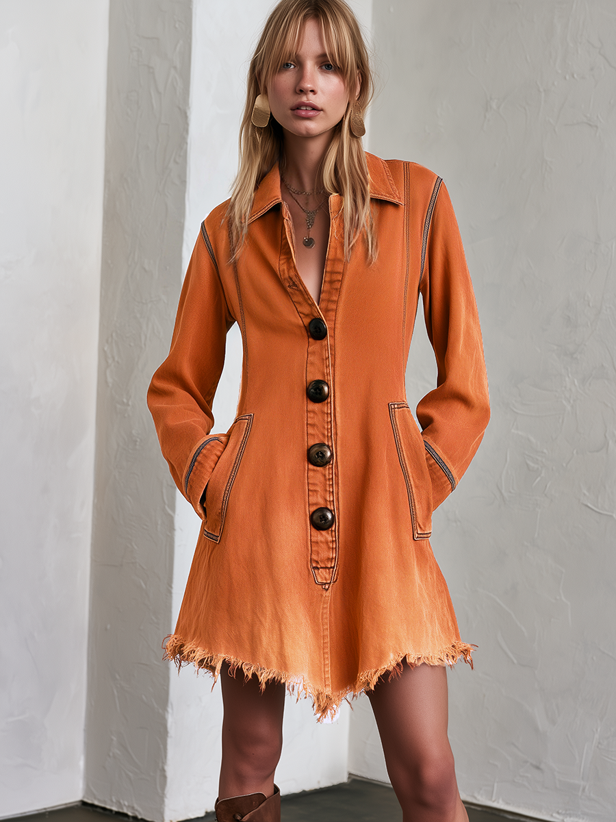 Retro Boho Burnt Orange Frayed Hem Button Front Denim Mini Dress