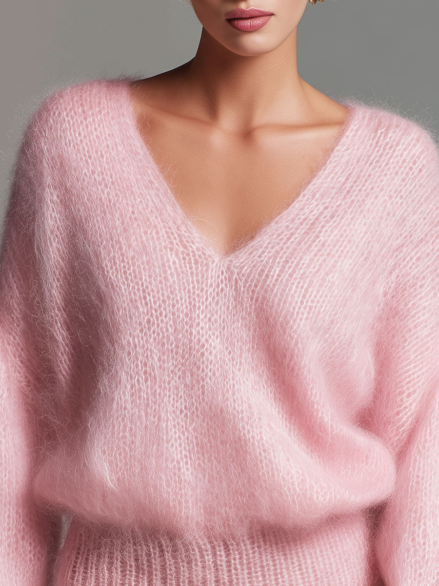 Elegant Pink V-neck Loose Pullover Sweater