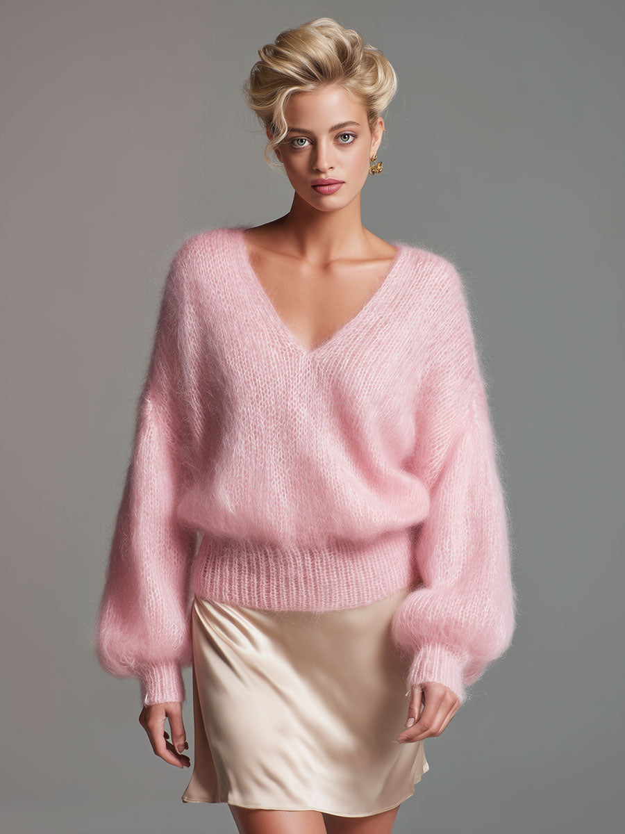 Elegant Pink V-neck Loose Pullover Sweater