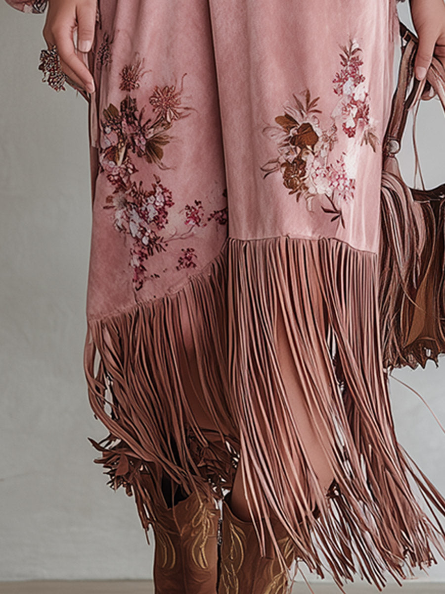 Vintage-style Fringed-hem Pink Floral-print Faux-suede Maxi Dress