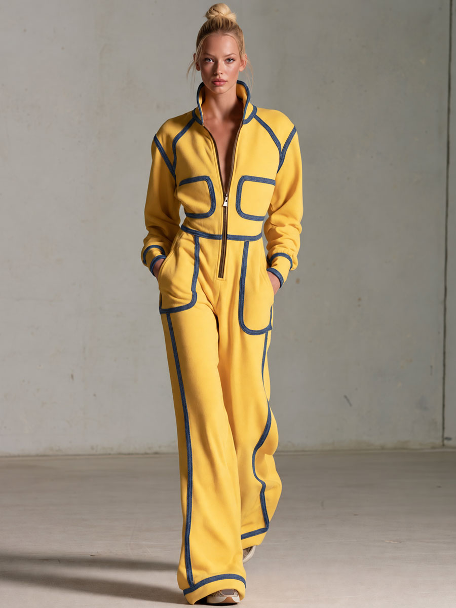 Casual Retro Denim-trimmed Yellow Stand-up Collar Zip-up Cotton Jumpsuit