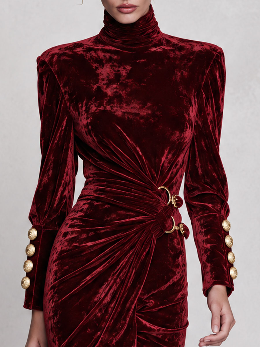 Vintage-elegant Burgundy High-neck Pleated Velvet Midi Dress