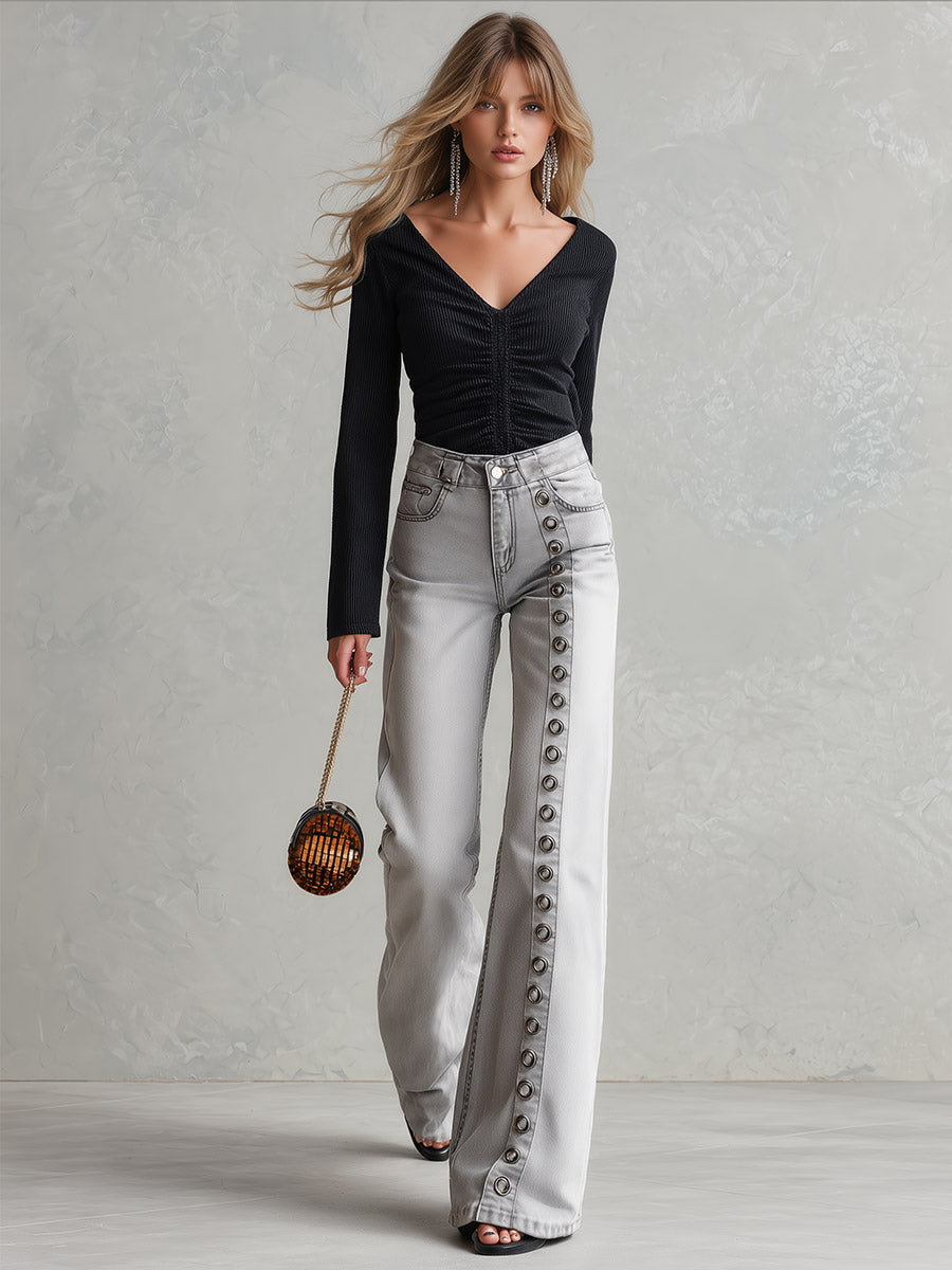 Stylish Metal Eyelets Light Gray Wide-Leg Jeans