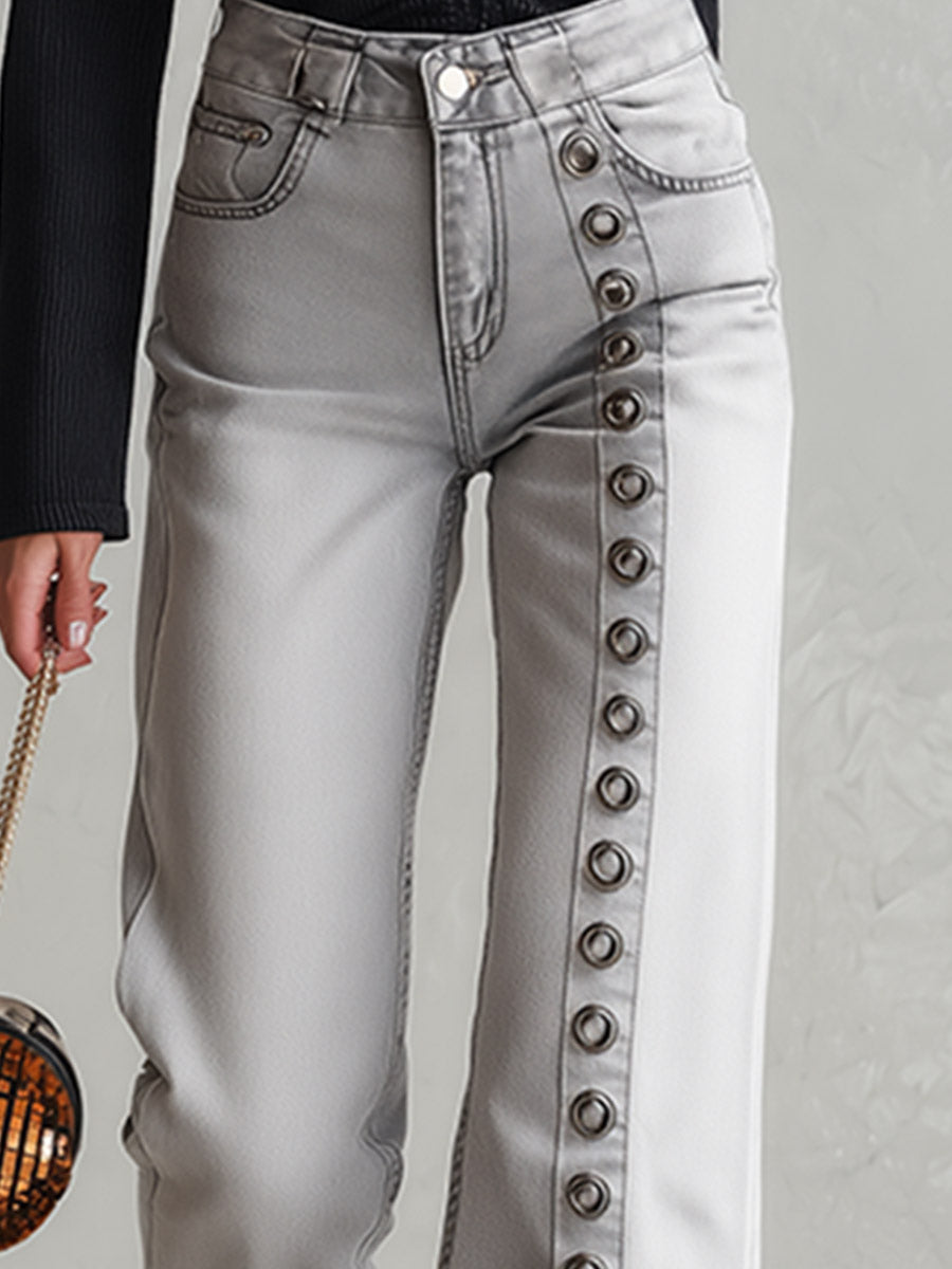 Stylish Metal Eyelets Light Gray Wide-Leg Jeans