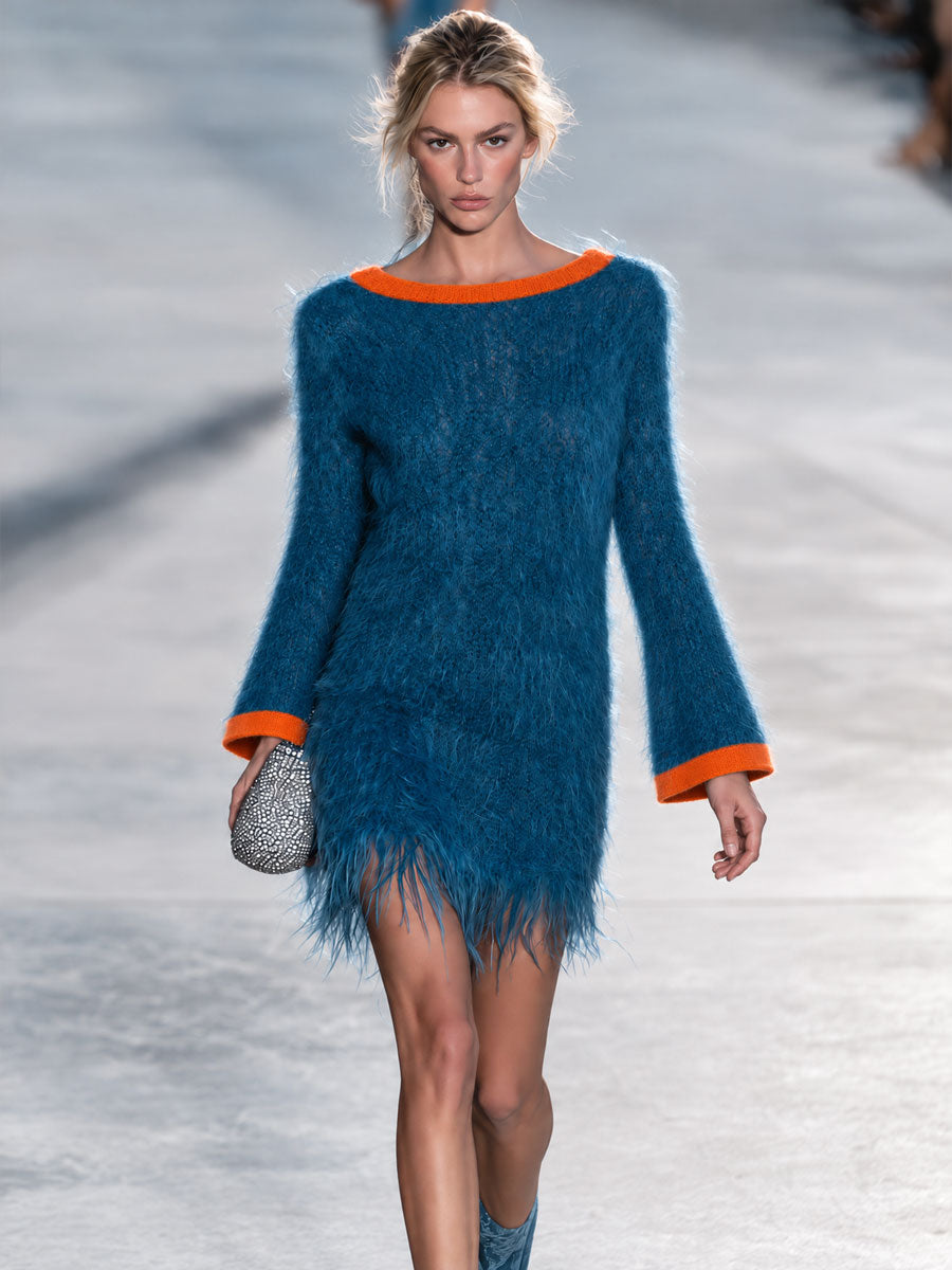 Retro-chic Color-blocked Trim Blue Tassel Bell Sleeve Knit Mini Dress
