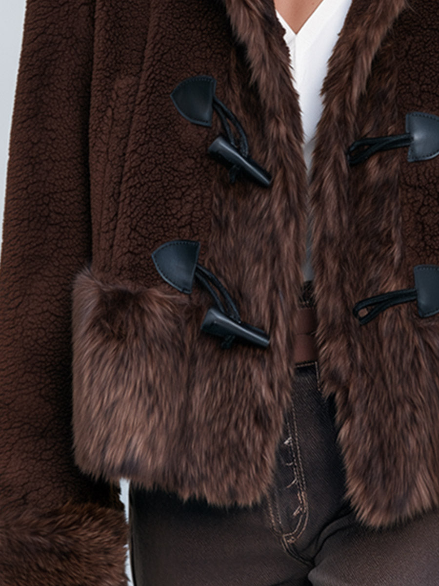 Premium Faux-Shearling Trimmed Brown Fleece Duffle Coat