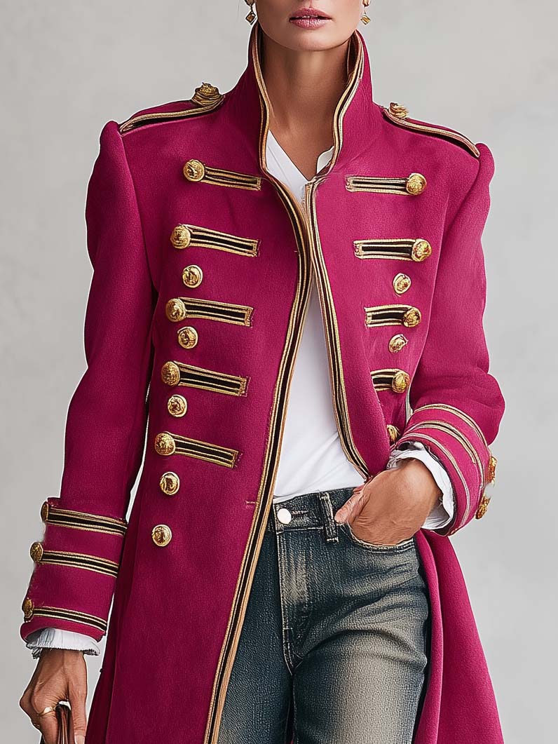Vintage Military Magenta Gold Button Braided Trim Stand Collar Long Wool Coat