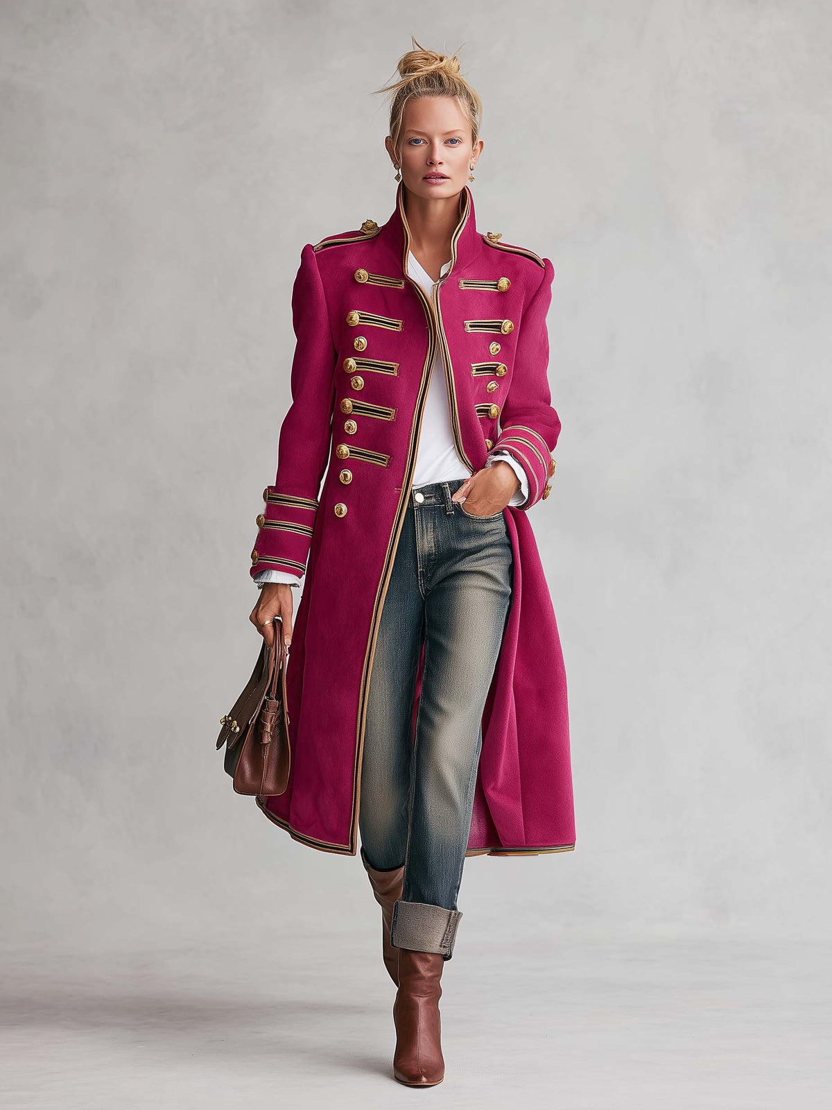 Vintage Military Magenta Gold Button Braided Trim Stand Collar Long Wool Coat
