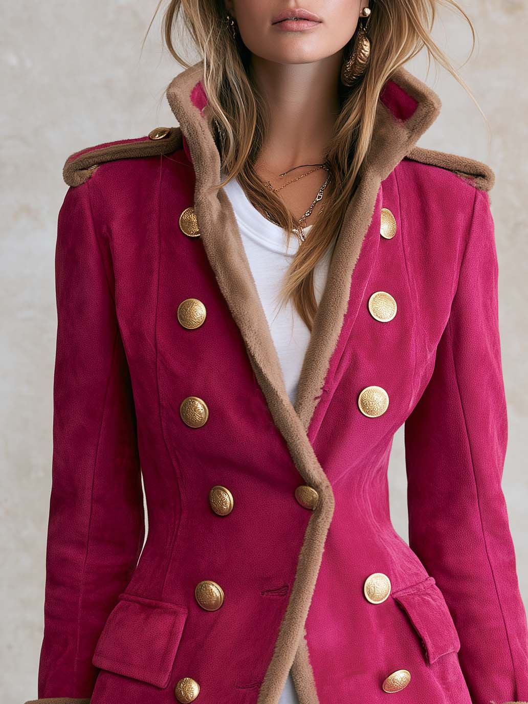 Vintage Military Hot Pink Faux Suede Shearling Trim Double-Breasted Gold Button Band Jacket