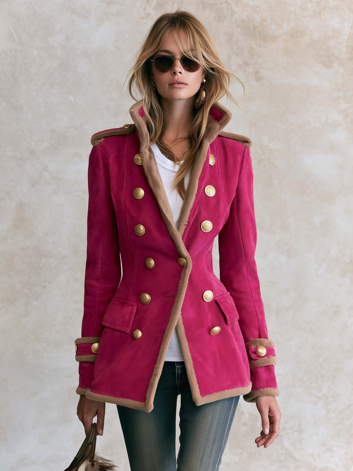 Vintage Military Hot Pink Faux Suede Shearling Trim Double-Breasted Gold Button Band Jacket