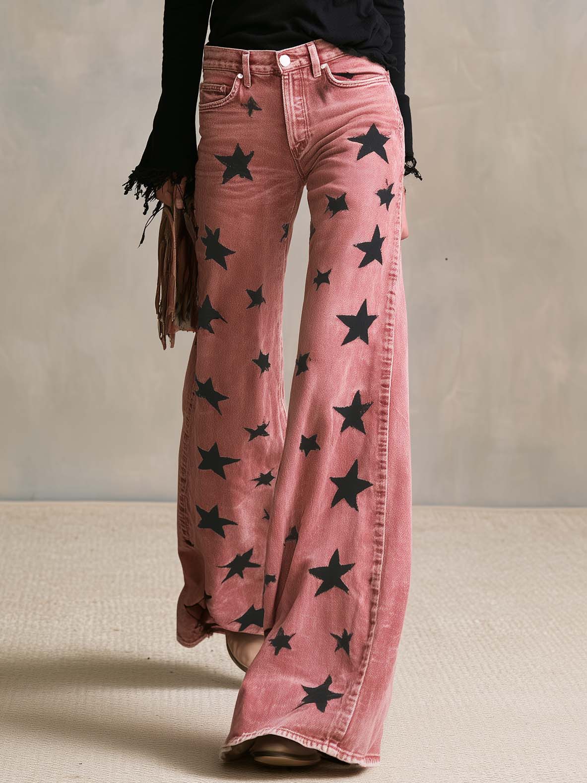 Vintage Western Washed Pink Star Print High Waisted Wide Leg Flare Jeans