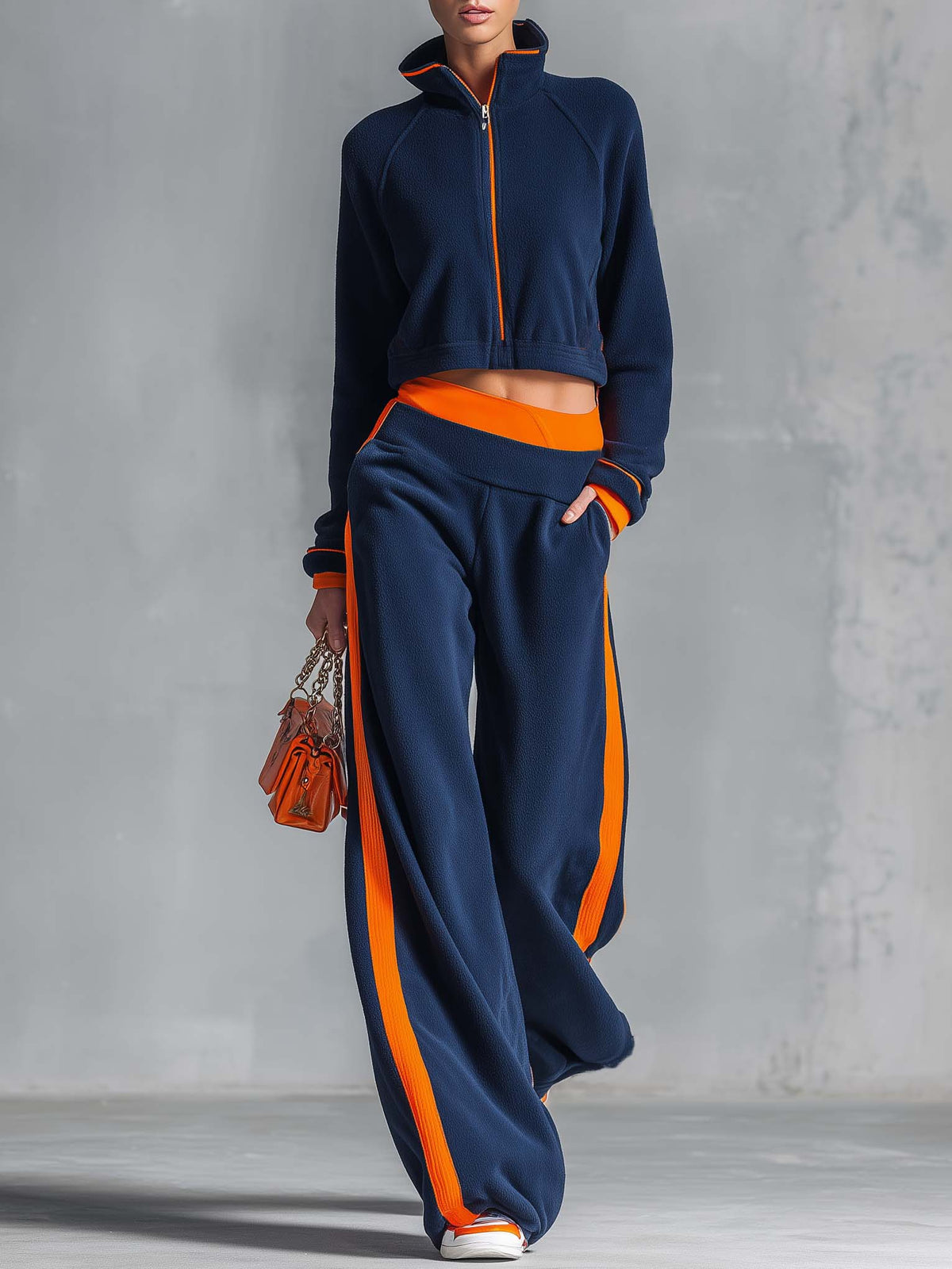 Retro Sporty Navy Color-block Polar Fleece Cropped Zip-up Jacket And Wide-leg Pants Set