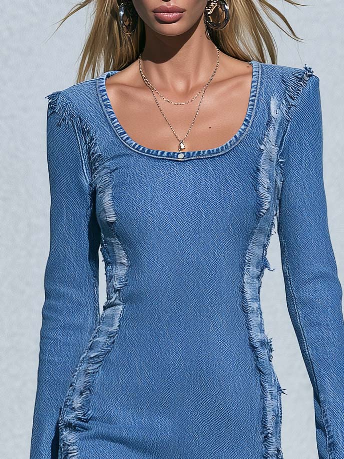 Street Chic Distressed Frayed Seam Scoop-Neck Long-Sleeve Bodycon Jean Mini Dress