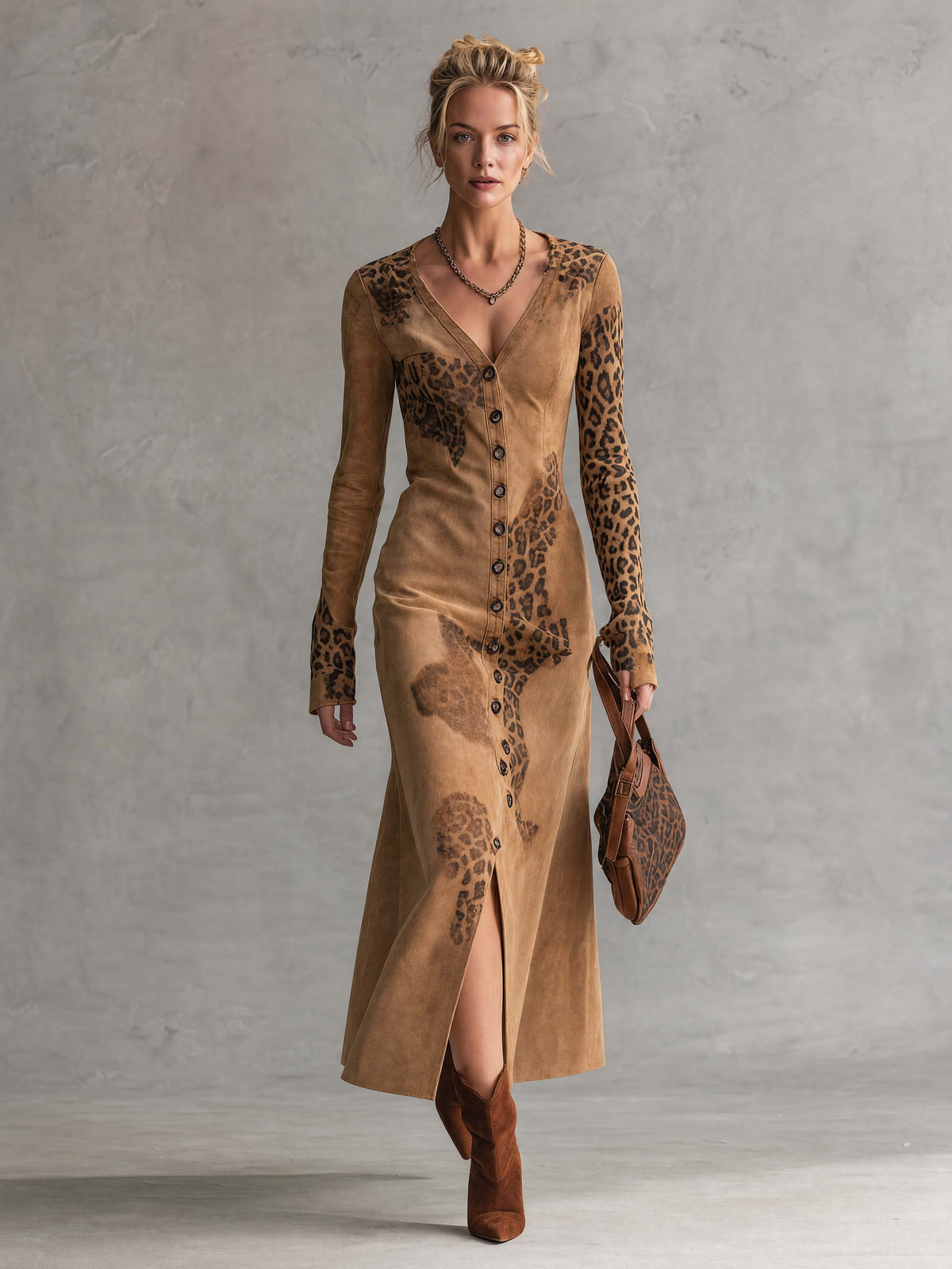 Vintage Western Faux Suede Leopard Print Button Down Long Sleeve Midi Dress
