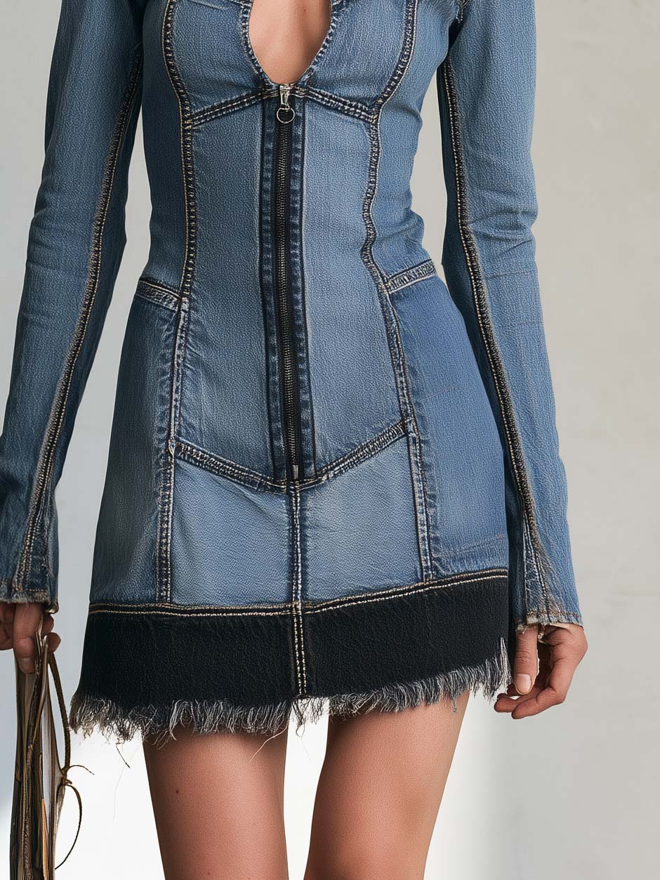 Retro Chic Patchwork Denim Keyhole Zip-Front Frayed Hem Long Sleeve Mini Dress