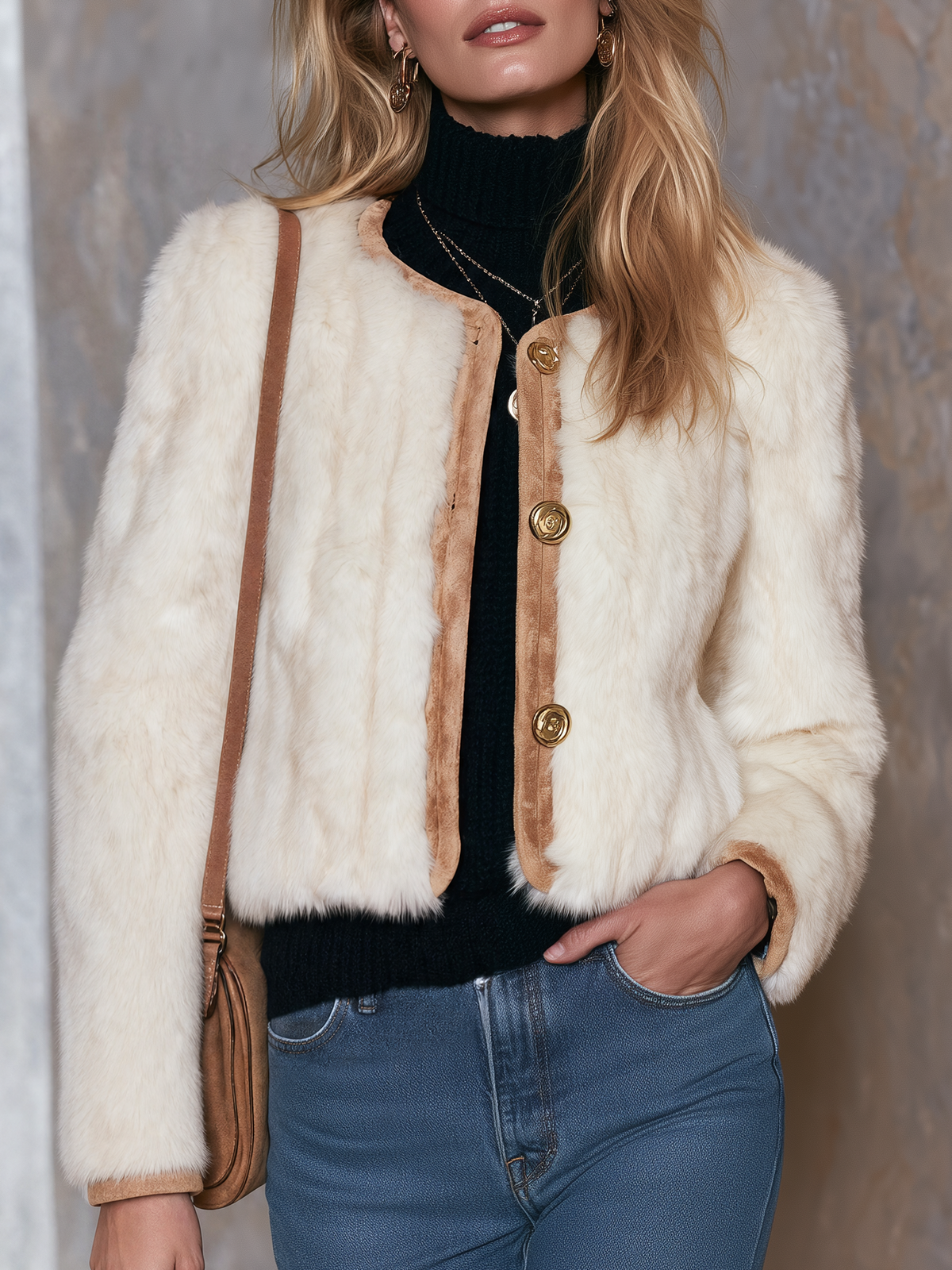 Vintage Camel Faux Suede Shearling Trim Fitted Coat For Women