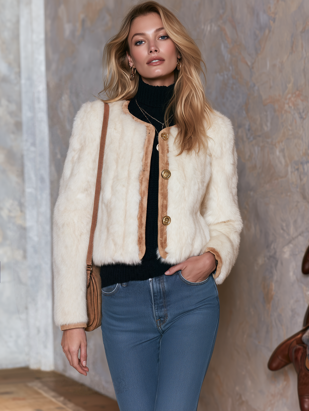 Vintage Camel Faux Suede Shearling Trim Fitted Coat For Women