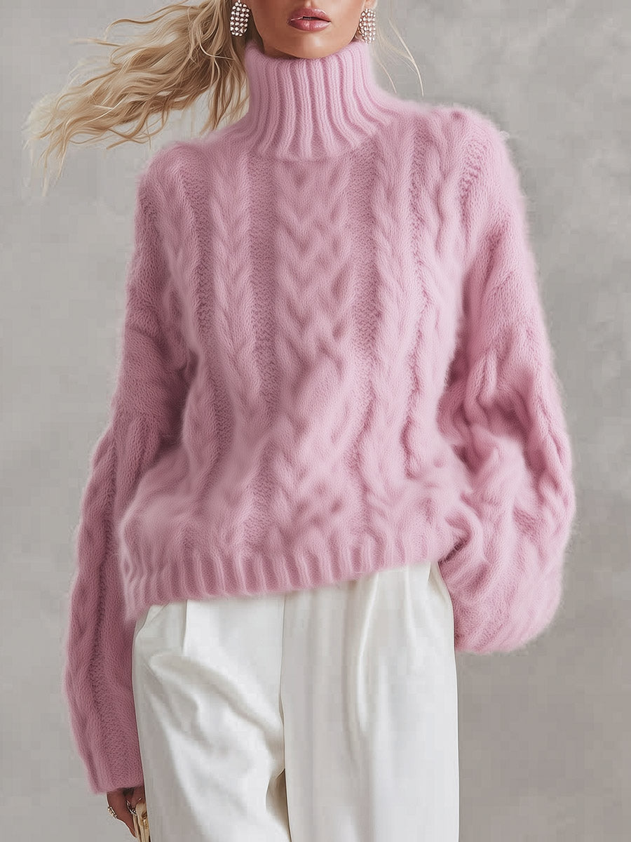 Cozy Oversized Pink Chunky Cable-Knit Turtleneck Sweater