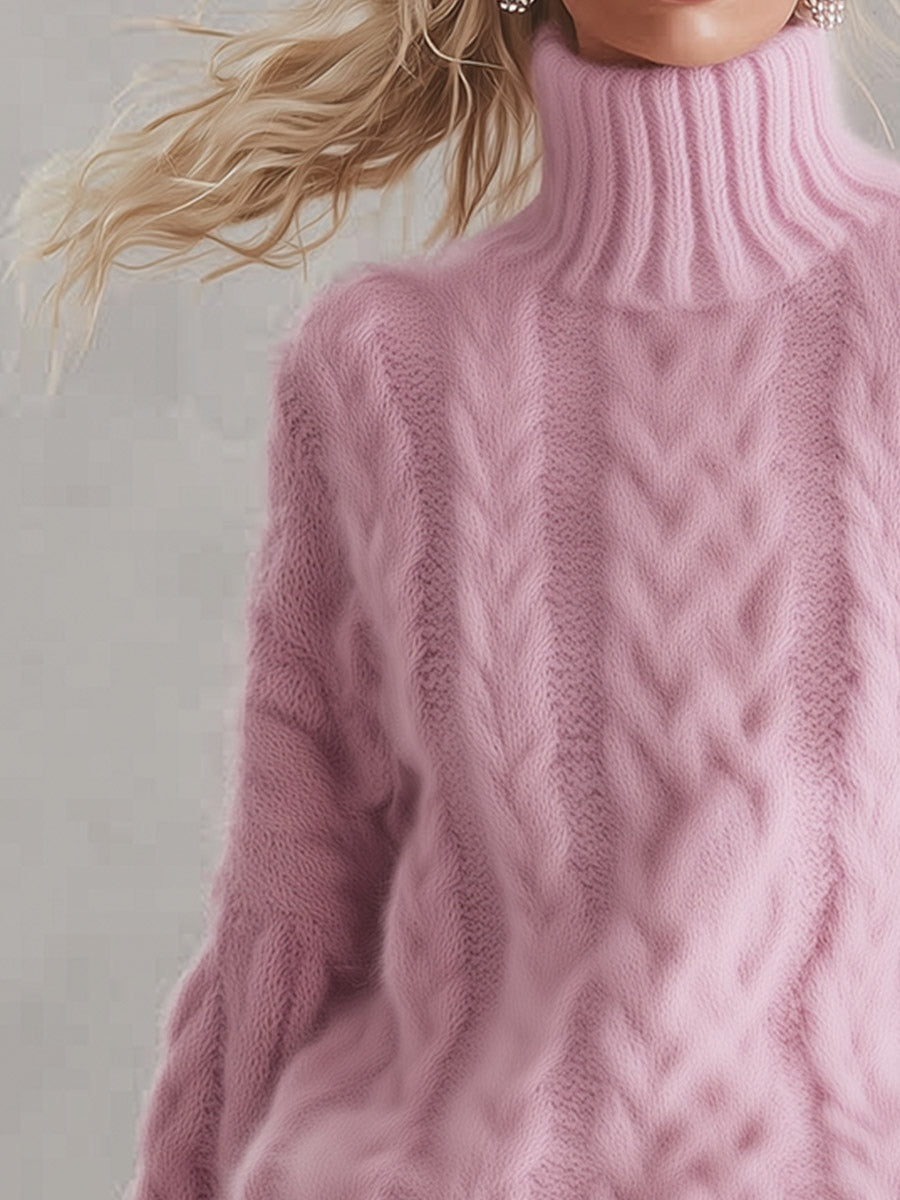 Cozy Oversized Pink Chunky Cable-Knit Turtleneck Sweater
