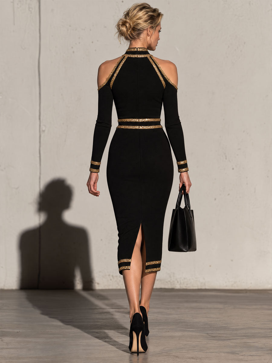 Elegant And Sophisticated Black High-neck Off-shoulder Long-sleeved Midi Dress