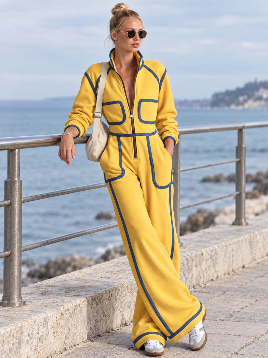 Casual Retro Denim-trimmed Yellow Stand-up Collar Zip-up Cotton Jumpsuit
