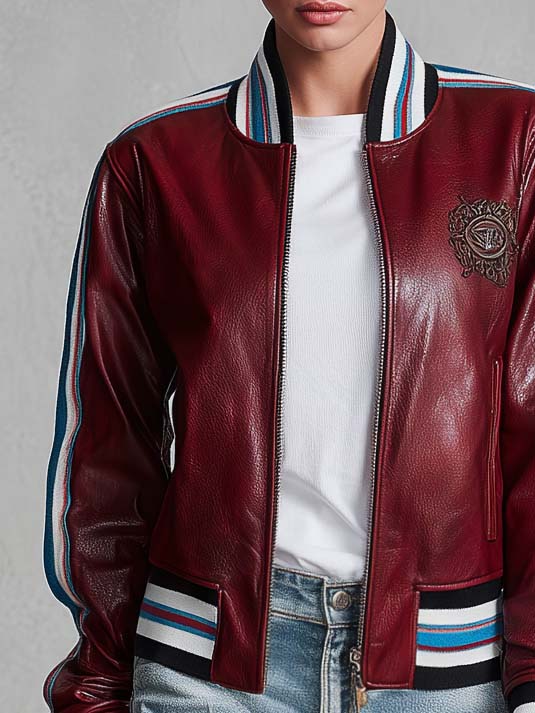 Retro Sporty Burgundy Faux Leather Crest Patch Striped Trim Varsity Bomber Jacket