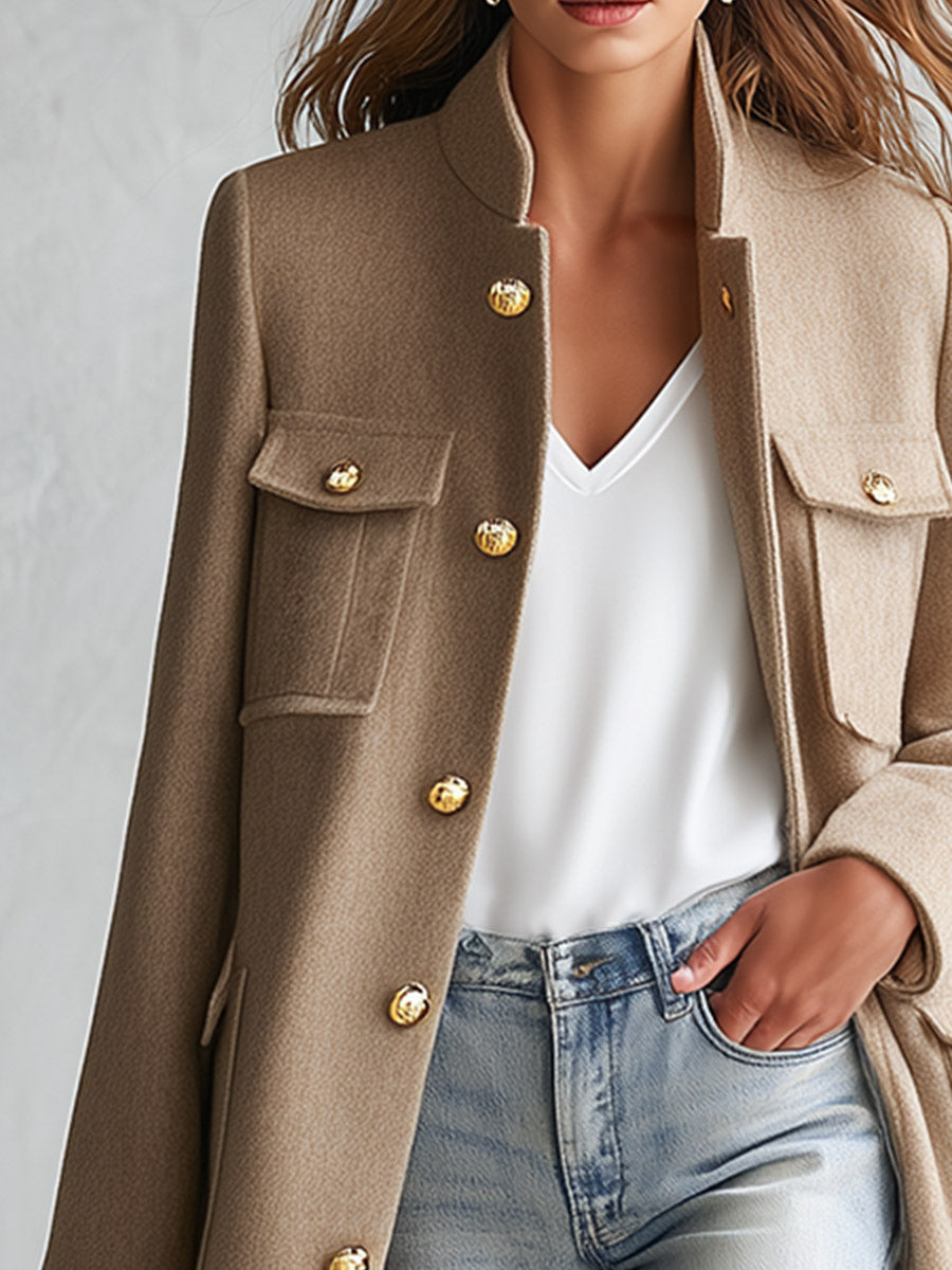 Stylish Cool Multi-pocket Oatmeal-colored Stand-collar Single-breasted Coat