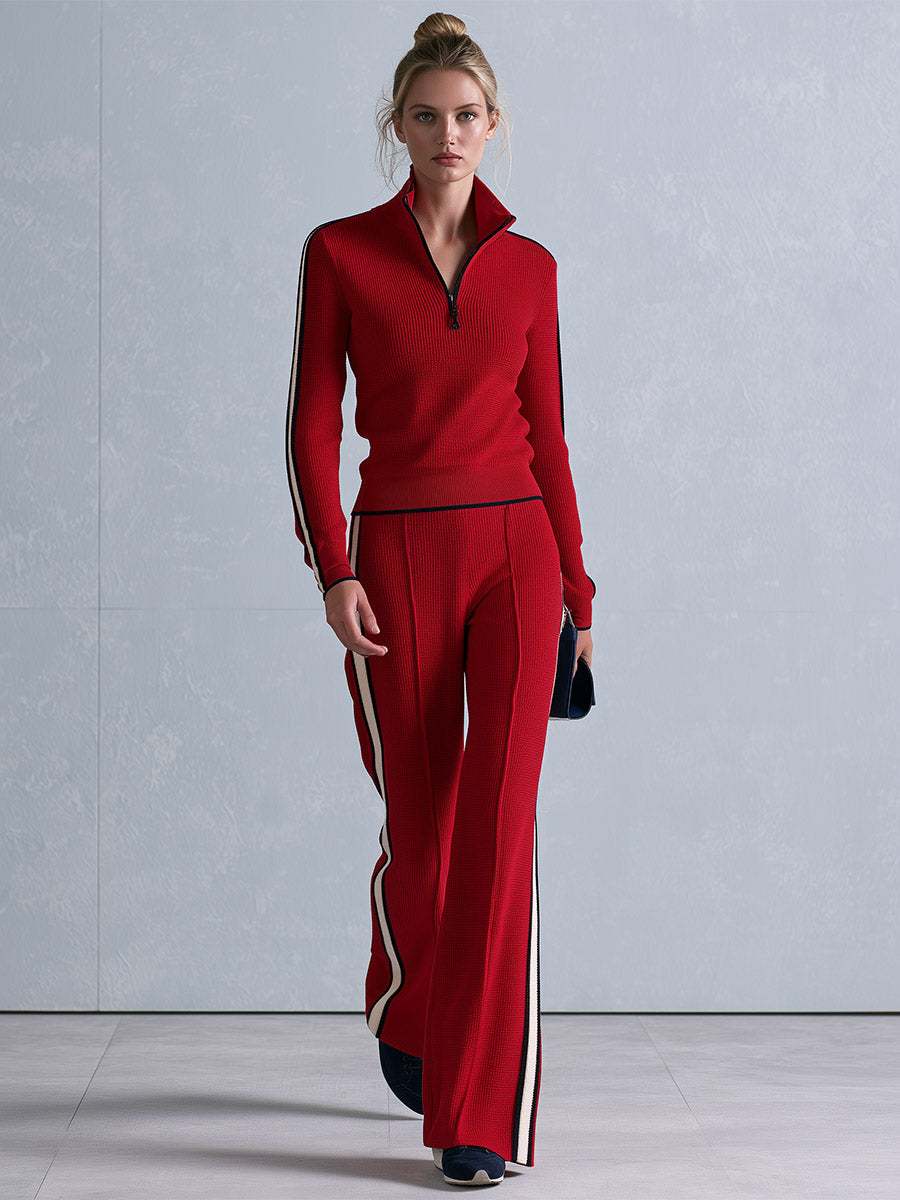 Casual Retro Striped-Trim Red Knitted Half-Zip Top and Wide-Leg Pants Set
