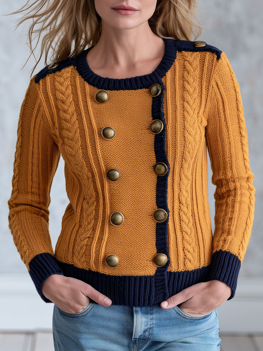 Retro Military Style Navy Blue Mustard Yellow Cable Knit Cardigan