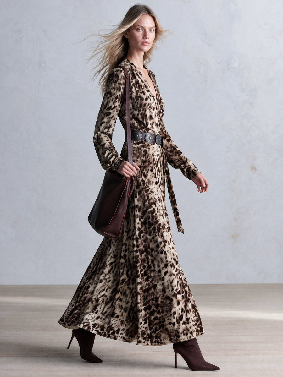Vintage-Inspired Bohemian Leopard-Print Faux Suede V-Neck Wrap Maxi Dress
