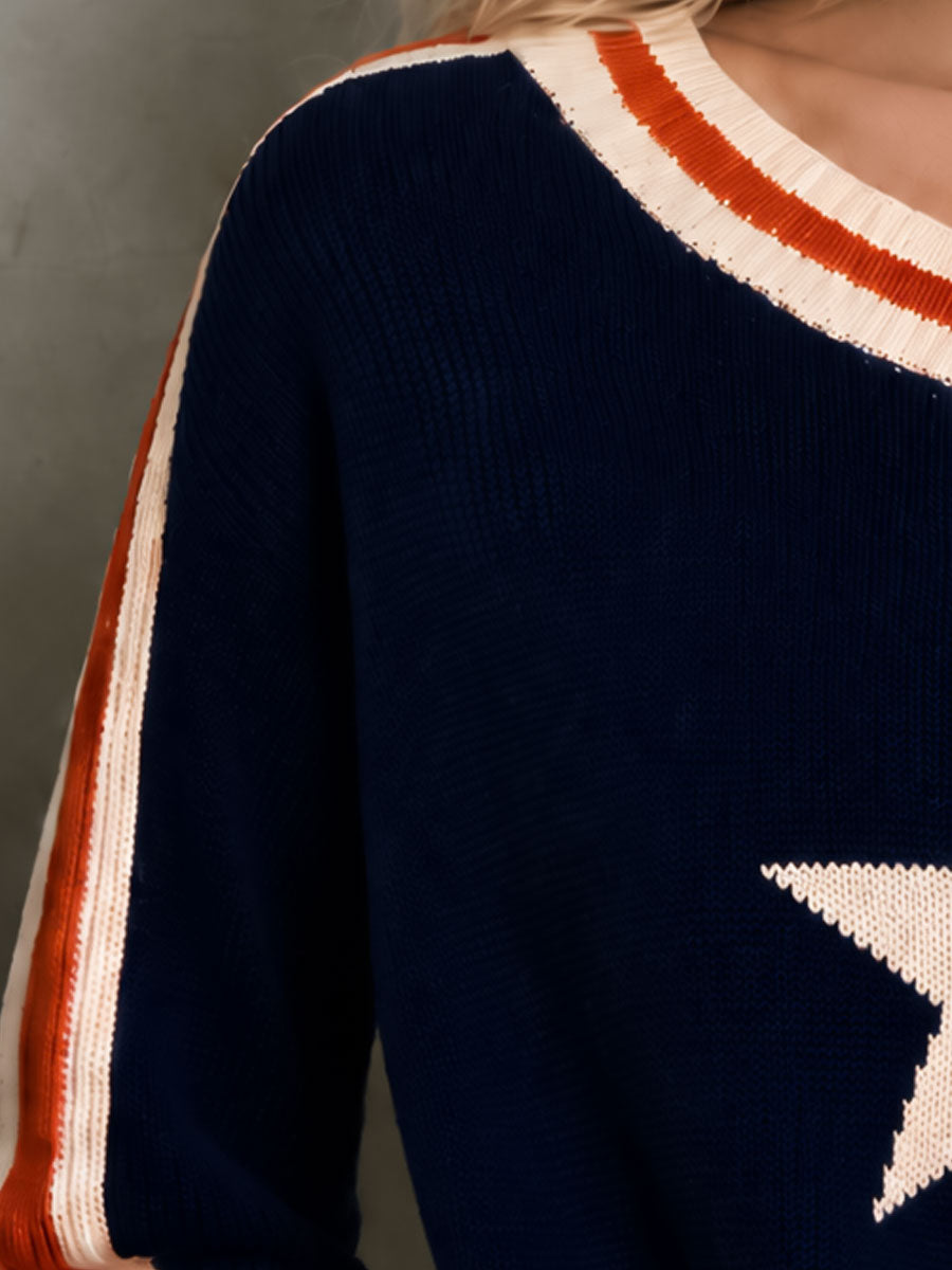 Casual Retro Navy Blue One-shoulder Color-blocked Five-pointed Star Sweater