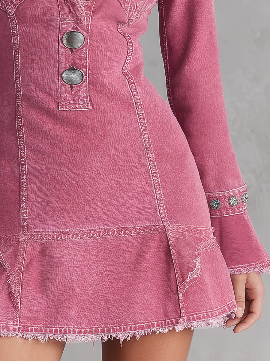Western Glam Pink Frayed Trim Plunge Neck Bell Sleeve Denim Mini Dress