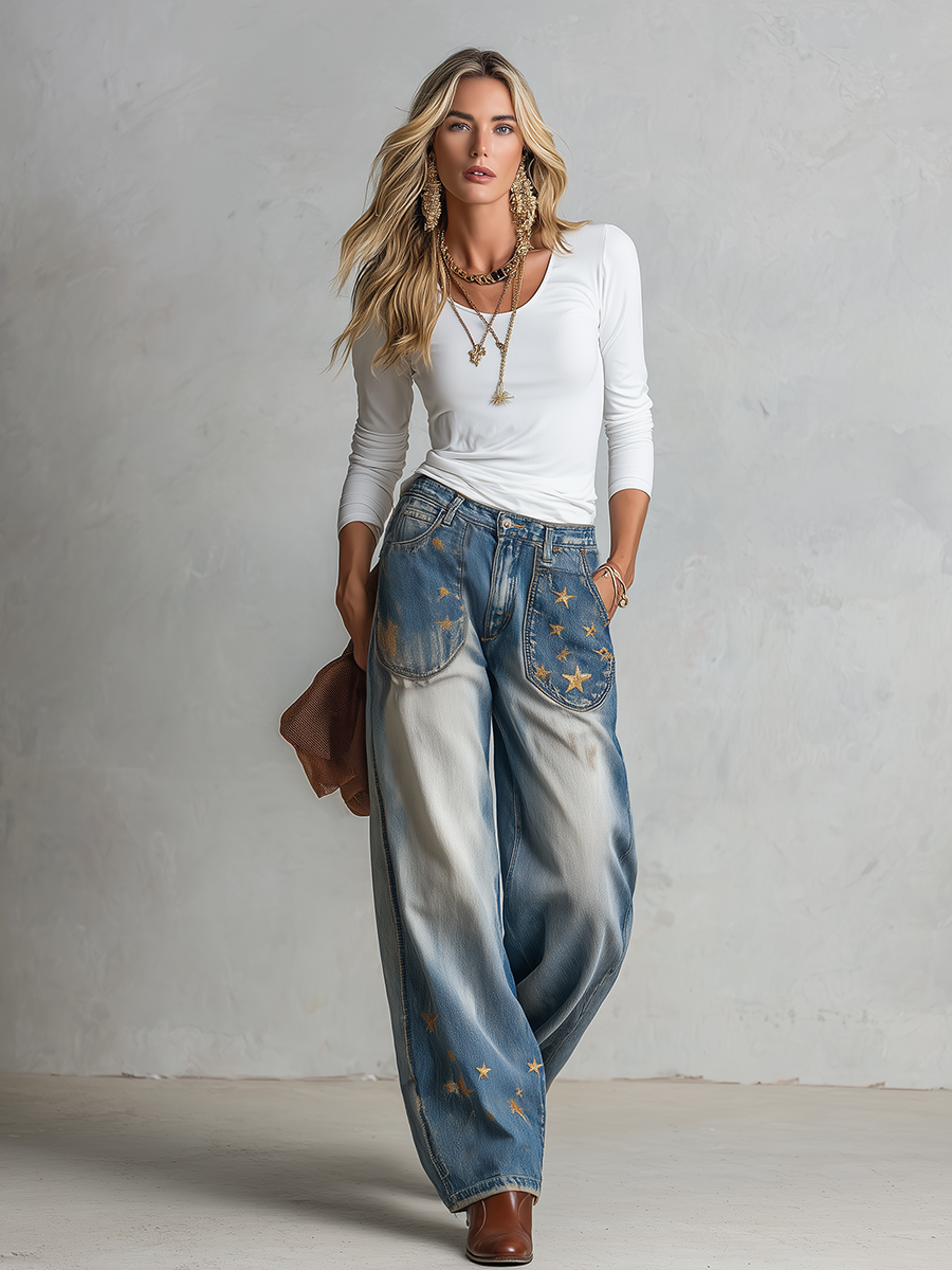 Vintage Americana Gold Star Embroidered Faded Wash Barrel Leg Jeans