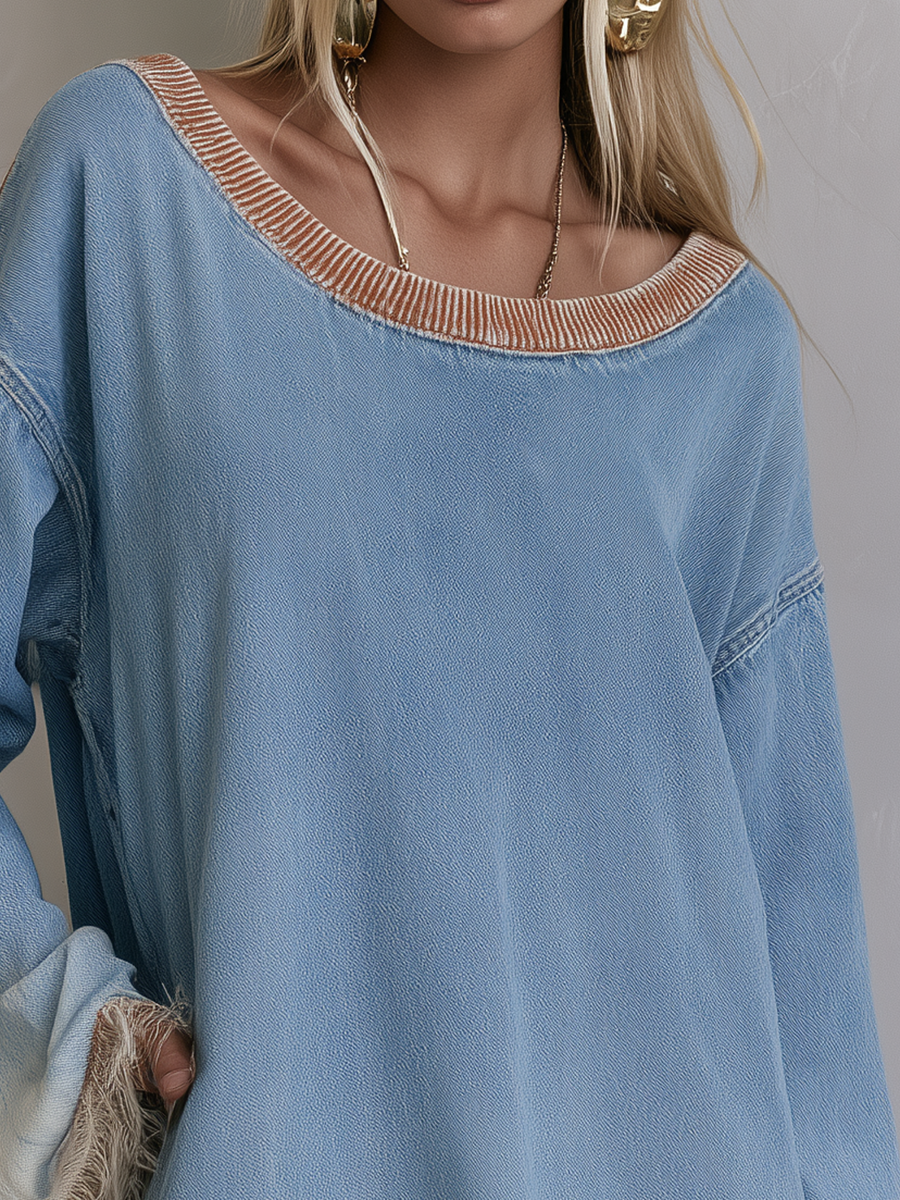 Boho Chic Fringe Hem Dip Dye Boat Neck Oversized Denim Tunic Dress